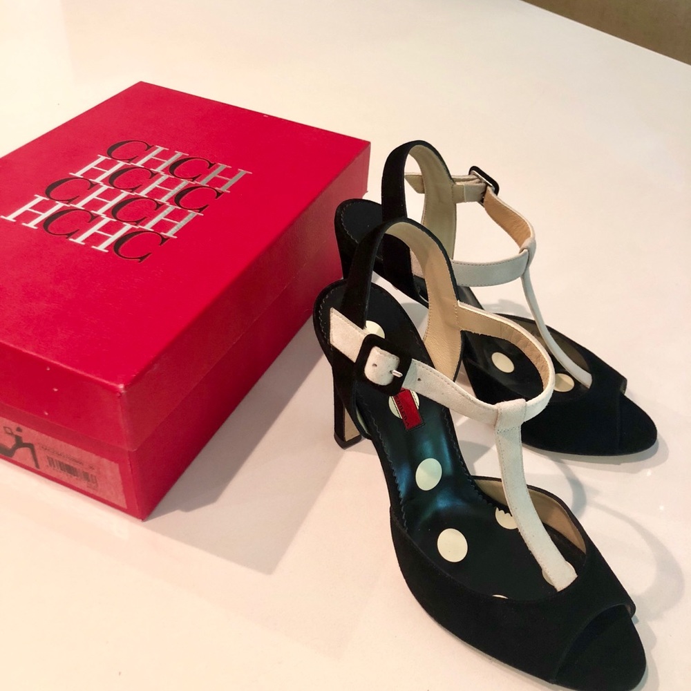 Carolina Herrera Black and White T strap pumps